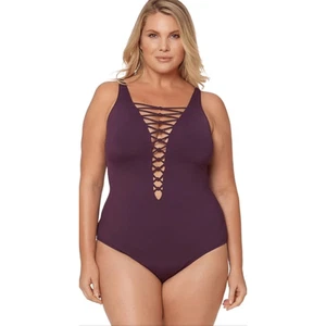 Bleu Rod Beattie Knotty But Nice Lattice One Piece Swimsuit Wine Womans Plus 22W - Picture 1 of 16