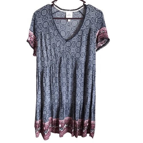 VETEMENTS Knox Rose taglia Medium blu abito manica corta pom bordo scollo a V (S8)