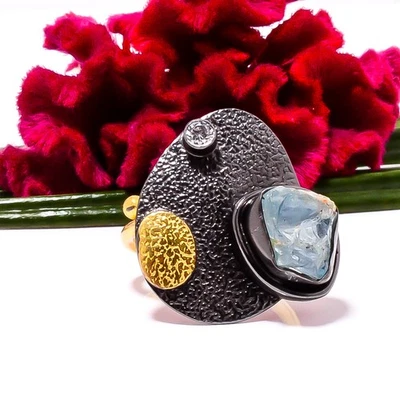 Anillo de plata de ley 925 enchapado en aguamarina y topacio blanco negro y oro s.7 Sk11 Foto 1 de 4