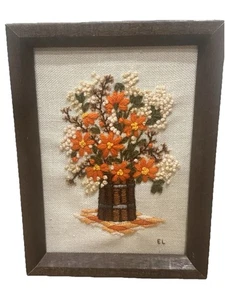 MCM Cornice Legno GialloArancio Verde Bouquet Floreale Crewel Ricamo Wall Art 5x7 - Foto 1 di 4