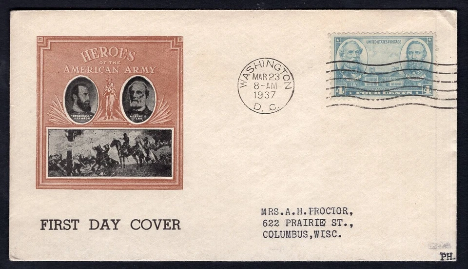 USA 1937 FDC Cover. Army Heroes. Stonewall Jackson, Robert Lee - Image 1 of 2