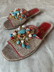 Elina Linardaki Handcrafted Raffia Leather Crystal Ocean Beach Slides Sz 38 NWOB - Picture 1 of 9