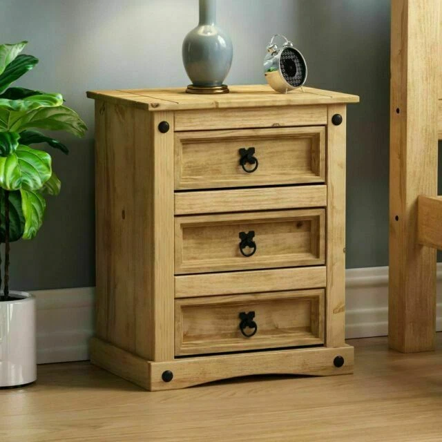 CORONA Bedside Chest 3 Drawer Mexican Solid Waxed Pine Storage Uni3t Furniture
