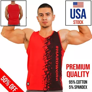 Red Gym Tank Top Fitness Men Sleeveless Workout Bodybuilding Print High Quality - Picture 1 of 9