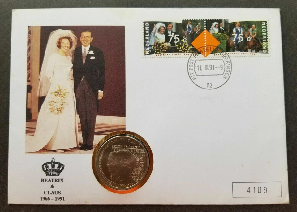 [SJ] Netherlands Queen Beatrix Prince Claus´s Silver Wedding 1991 FDC coin cover - Image 1 of 4