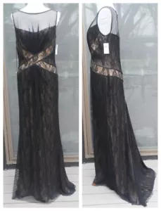NEW TADASHI SHOJI Mesh Lace Maxi Dress/ Gown w train sz 14 TALL, Black/Nude $500 - Picture 1 of 14