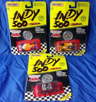 Matchbox INDY 500 Series Pace Car & 2 Racecars w/ Mears Unser Luyendyk Coins  - Image 1 of 4