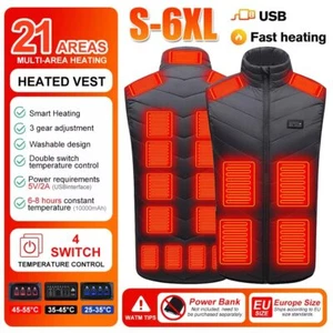5V USB Electric Heated Vest 3-Gear 21Areas Heating Pad Thermal Body Coat L-6XL - Picture 1 of 18
