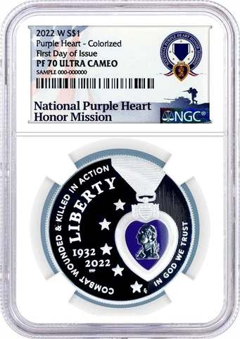 2022 W $1 Silver Proof Purple Heart Colorized NGC PF70 UCAM FIrst Day of Issue Cover