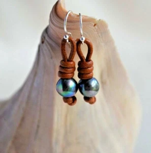 Peacock Pearls on Leather Earrings Pearl Leather Earrings Leather and Pearls - Picture 1 of 8