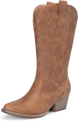 DREAM PAIRS Botas vaqueras vaqueras para mujer bordadas punta tacón bajo...  Foto 1 de 4