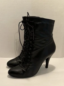 VTG Poppies Leather Black Heeled Lace Up Boots Witch Cosplay Halloween Sz 8.5 - Picture 1 of 7