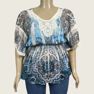 J.T.B. Blue Cream Sheer Sublimation Paisley Crochet Kimono Sleeve Shirt Top XL - Picture 1 of 7