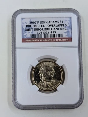 2007 P John Adams $1 Dbl Edg Let Overlapped NGC BU Mint Error - Image 1 of 4
