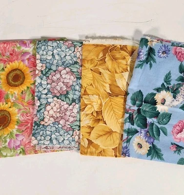 Vtg 3+ Cotton Quilt Fabric FAT QUARTERS Bundle Roses Sunflower Hydrangea Floral - Image 1 of 4