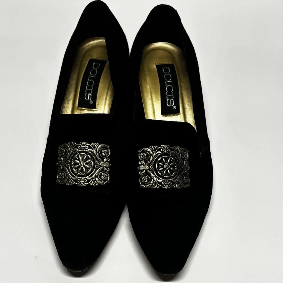 Mocasines Dolcis de gamuza negros para mujer 9M sin cordones planos barroco acento de metal vintage Foto 1 de 4