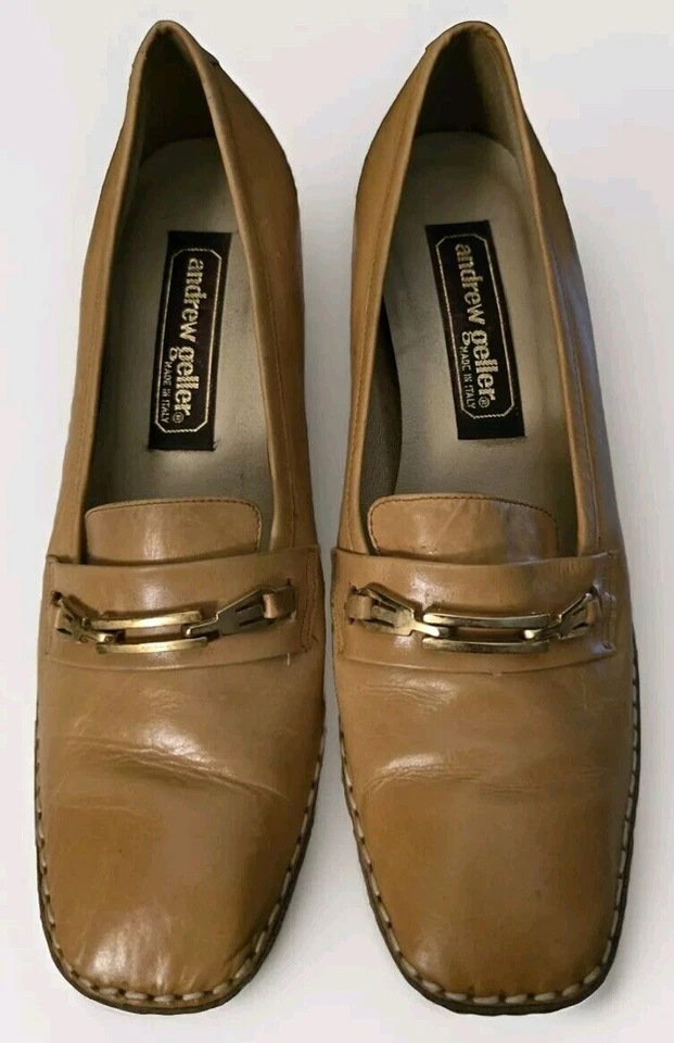 Hermosos mocasines de cuero tostado Andrew Geller de colección hechos en Italia 8 B Foto 1 de 4