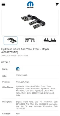 NUEVO Elevadores Hidráulicos Delanteros Genuinos Mopar 05038785AD y Yugo Jeep Dodge RAM V8 Foto 1 de 3