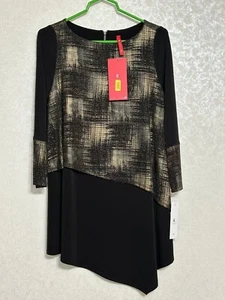 Vestido túnica IC CONNIE K NUEVO CON ETIQUETAS negro dorado metálico a cuadros asimétrico manga larga S - Imagen 1 de 6