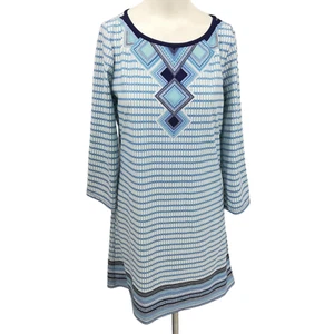 Cabana Life Stretch 3/4 Sleeve Geometric Dress Size M Blue UPF Shift Resort - Picture 1 of 13