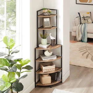 6-Tier Corner Open Shelf Bookcase Wood Storage Rack Freestanding Shelving Brown - Picture 1 of 8