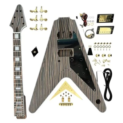DIY electric fly v guitar kits zebrawood body neck rosewood with hardware - Image 1 of 4