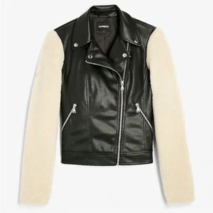EXPRESS Vegan Leather Sherpa Sleeve Moto Jacket size small - Picture 1 of 11