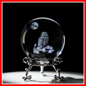 Lifelike 3D Laser Crystal Owl Ball with Silver Stand - Perfect Gift Piece - Picture 1 of 9