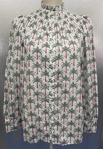 Boden Womens Sz 2 Paradise Palm Tree Button Down Curved Yoke Smocked Shirt - Picture 1 of 7