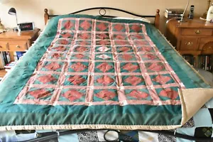 Red & Green Pieced Squares & Rectangles on Tan Quilt, 60" x 80", Handmade, B08 - Picture 1 of 4
