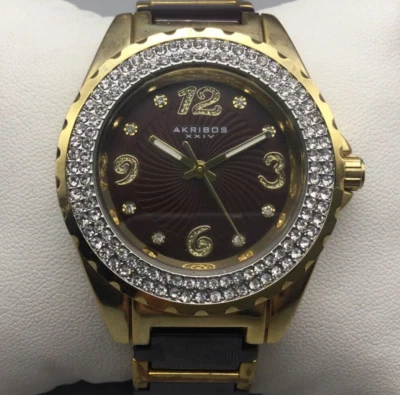 Akribos XXIV Watch Women Pave 39mm Gold Tone Brown Ceramic Band New Battery 8" - Image 1 of 4