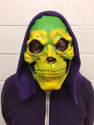 Neon Yellow & Green Skull Mask With Hood Skeletor Skeleton Halloween Fancy Dress - Image 1 of 4