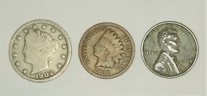 Liberty V Nickel, Indian Head Penny & 1943 Stahl Weizen Cent (3 Münzen) Menge - Bild 1 von 2