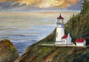 Imán de nevera faro Heceta Head 3,5x5". Oregon Coast Sunset. Arte acuarela - Imagen 1 de 1
