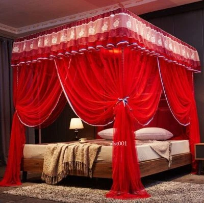Princess Canopy Bed Curtains 4 Corner 3 Side Openings Post MosquitoNet NoBracket - Image 1 of 4