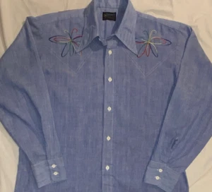 Camisa Demim Bordada Acuario Años 70 Occidentales Hippie CUELLO ANCHO Para Hombre M/L De Colección - Imagen 1 de 7