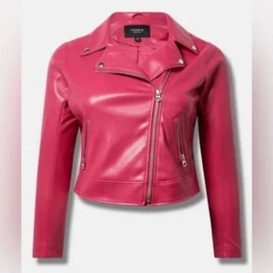 NWT Torrid faux leather moto jacket vivacious pink retro cropped zip-up vegan L - Picture 1 of 11