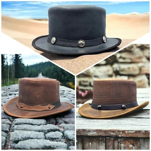 Top Hat Real Leather Western Style Band Stud Classic Victorian Distressed style - Picture 1 of 13