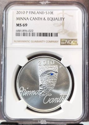 2010 FINLAND SILVER 10 EURO MINNA CANTH & EQUALITY NGC MS 69 SCARCE GEM BEAUTY - Image 1 of 3