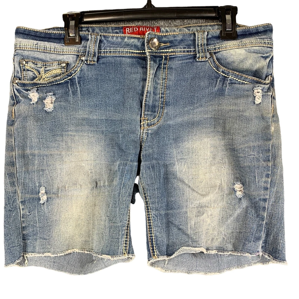 Pantalones Cortos de Jean Red Remache Junior Talla 17 Envejecido Adornado Bling Punto Grueso Foto 1 de 4