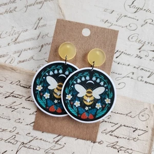 Handmade Acrylic Strawberry Bee Earrings - Picture 1 of 2