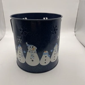 Blauer 5,5" großer Schneemann Metallbehälter mit Griff und Schneeflockenausschnitten - Bild 1 von 7