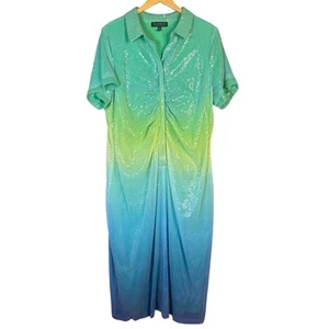 Eloquii Dress Womens 20 Blue Green Ombre Sequin Midi Shirt Dress Mermaidcore - Picture 1 of 13