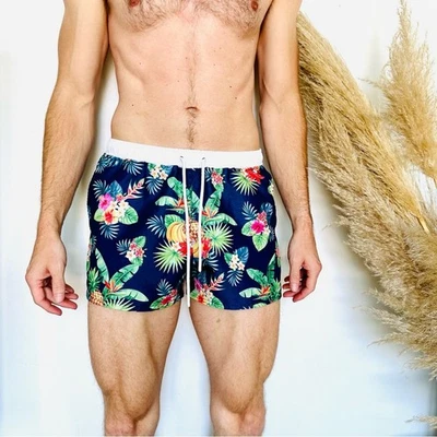 MENS AUSSIEBUM Navy Blue White Floral Palm Swim Trunks Shorts Pockets Unlined M - Image 1 of 4