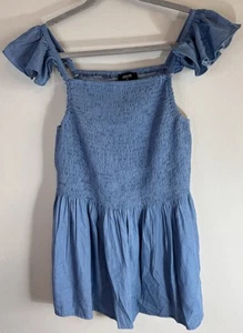 Klass Denim Flutter Straps Sleeveless Smocked Stretch Mini Dress Shirred UK 14 - Picture 1 of 12