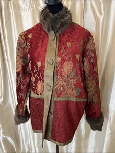 Giacca zingara boho rossa arazzo floreale vintage Isabellas Journey Sanremo bordo pelliccia L - Foto 1 di 17