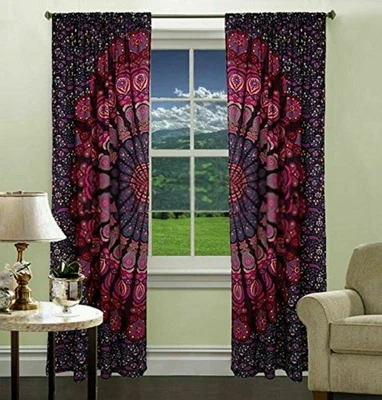 Conjunto de cortina indiana 82" x 40" roxo floral mandala algodão cortinas janela painel - Imagem 1 de 4