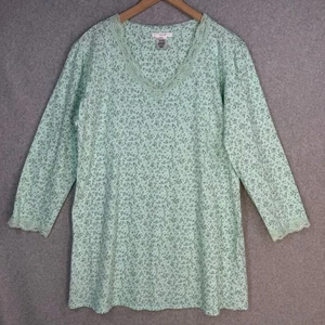 Pink K Women's Sleep Shirt Floral V-Neck Top Large 100% Cotton Lace Trim Mint - Picture 1 of 8