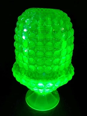 VINTAGE RARE HTF VIKING GLASS THOUSAND EYE VASELINE YELLOW URANIUM 6" FAIRY LAMP - Image 1 of 4