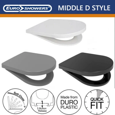 EUROSHOWERS NEW Rainbow MIDDLE D SHAPE Toilet Seat WHITE/GREY/BLACK Soft Close Quick Release